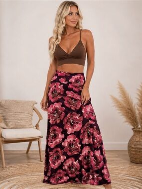 Azules Floral Maxi Skirt Size M Pink Black Stretch Boho Made USA NWOT